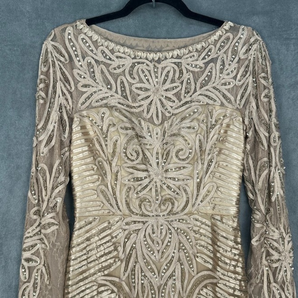 Sue Wong Dress Womens 4 Beige Beaded Long Sleeve Cocktail Wedding Guest Gala - Picture 2 of 15